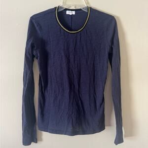 Goldie Lewinter Gold Tipped Neck Long Sleeve Pima Cotton Shirt in Navy size Med
